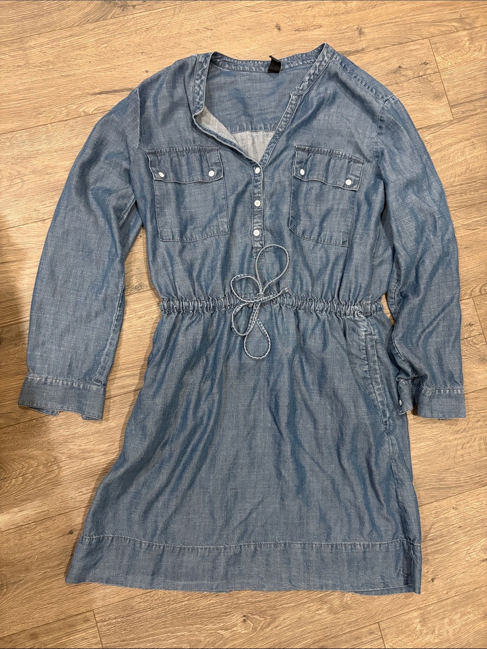 GAP Long Sleeve denim pocket Drawstring Dress - Light Blue